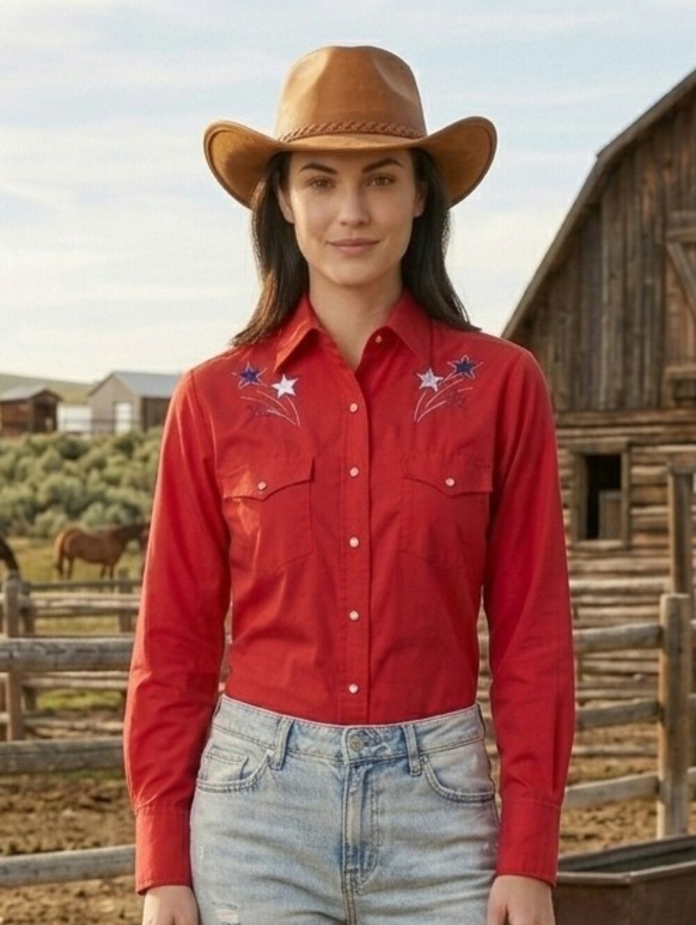 High Noon Shirt Red Pearl Snap Western Cowboy Embroidered Stars Size S
